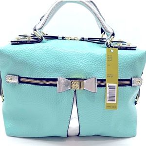 NWT Gianni Bini Tiffany Blue Bow Zip Leather Satchel Pebble Grain